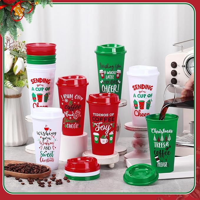 Pickmesh 12 Pack Christmas Coffee Cups Gifts Bulk 16 oz Reusable Coffee Cup Tumblers with Lid Plastic Cups Travel Mug Thank You Gifts for Women Coworkers Holiday Drinks - Bloomnest