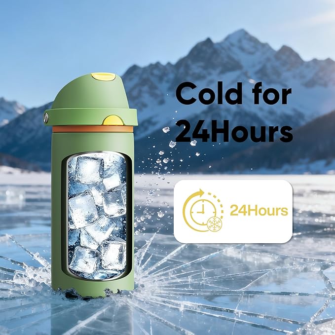 Insulated Water Bottle with Straw - Encool Stainless Steel Water Bottle with Push Button Lid, Leak-Proof & BPA-Free, Keeps Cold for 24 Hours for Sports, Travel, Gym (18 oz, Lichen-Yellow) ENCOOL