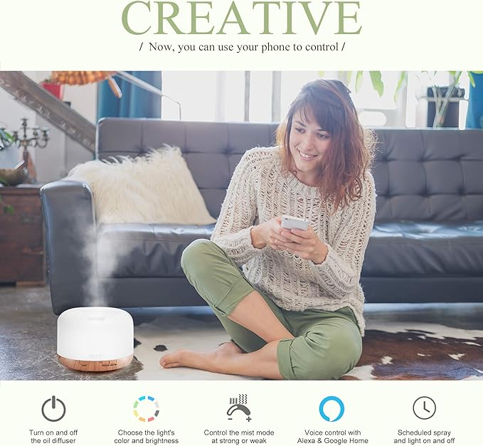 ASAKUKI Smart Wi-Fi Essential Oil Diffuser, App and Voice Control Compatible with Alexa, 500ml Aromatherapy Humidifier for Relaxing Atmosphere in Home Office Bedroom (Light Brown) - Bloomnest