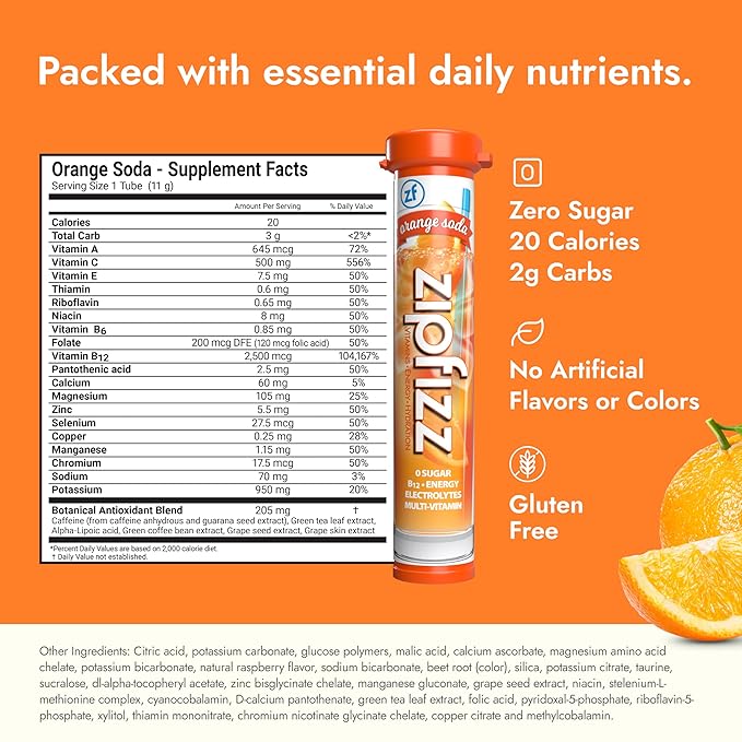 Zipfizz Daily Energy Drink Powder, Orange Soda, 12 Pack | 3-in-1 Sustained Energy, Rapid Hydration, and Essential Vitamins | Sugar-Free | Electrolyte Powder | Contains Vitamin B-12 & Antioxidants - Bloomnest