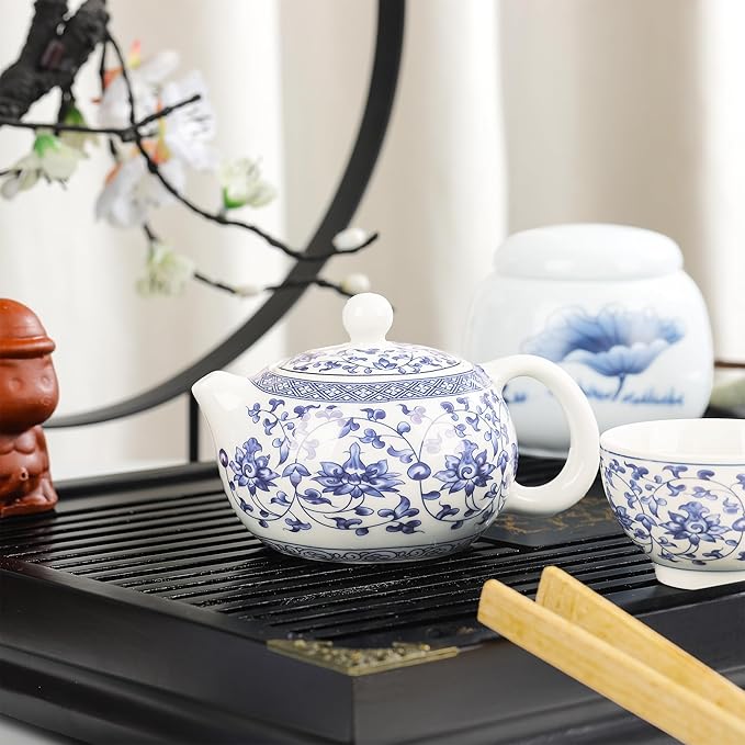 fanquare Kung Fu Tea Sets Lotus Pattern Blue and White Porcelain Tea Set with Teapot, Teacups, Fair Cup, Tea Tray, for Home Office, Traditional Chinese Tea Ceremony Set and Accessories