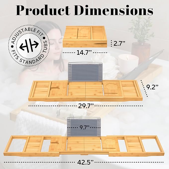 Home It Premium Foldable Bathtub Tray - Bamboo Waterproof Bath Tray for tub Caddy - Wooden Holder for Wine, Book, Soap, Phone, Luxury Gift for Men & Women - Expandable, Fits Most Tubs in Bathroom - Bloomnest