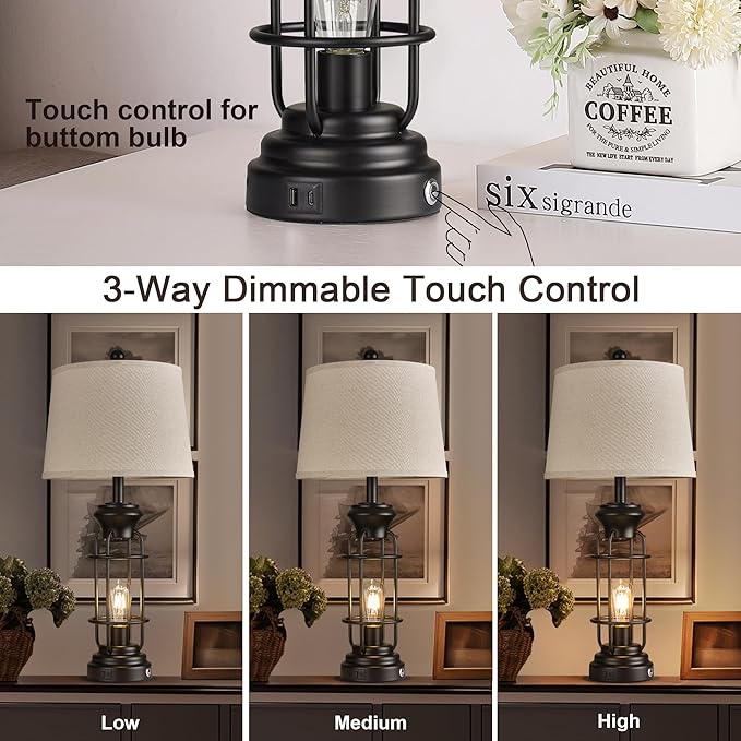 Black Table Lamps Set of 2, 28.5" Farmhouse Lamps for Living Room with USB C+A Ports, Touch Lamps for Bedroom, LED Bulbs Included - Bloomnest