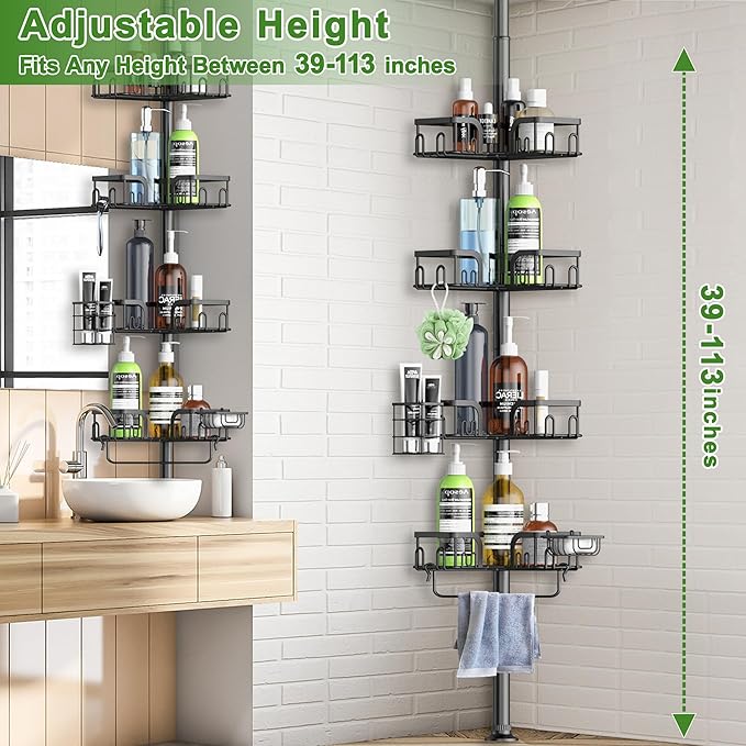 Corner Shower Caddy Tension Pole 4 Tier Adjustable Stainless Steel Shower Shelf for Inside Shower Bathtub Shampoo,Standing Bathroom Organizer Shelves with 39 to 113 inch Height - Bloomnest