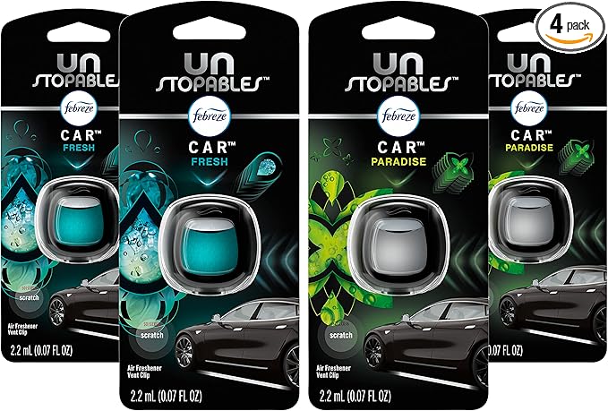 Febreze Car Air Fresheners, Unstopables Fresh & Paradise Scents, Odor Eliminator for Strong Odor, Car Vent Clips, 0.07 Fl Oz (Pack of 4) - Bloomnest