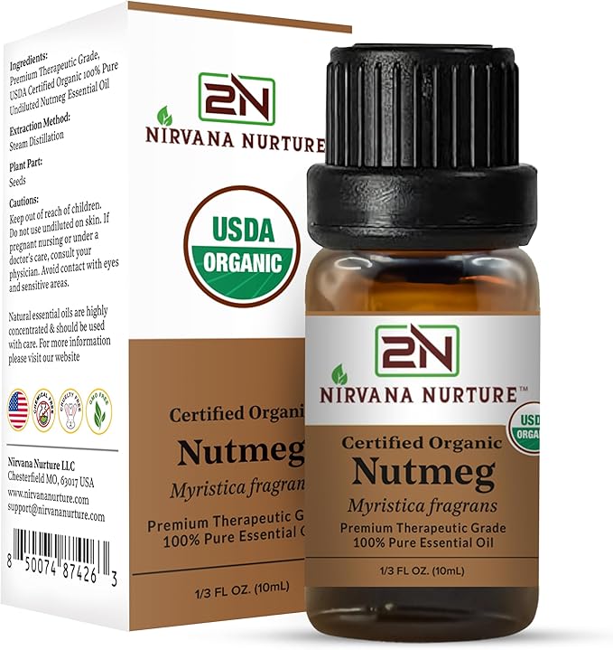 Nutmeg Essential Oil, USDA Certified Organic, 100% Pure Undiluted, Aromatherapy Oil for Diffuser, Hair & Skin Care NirvanaNurture
