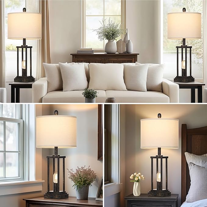 27" Tall Farmhouse Table Lamps with Night Light, Bronze Industrial End Table Lamp for Living Room, Rustic Bedside Lamps Set of 2 with USB C+A Ports & AC Outlet, Vintage Bedroom Lamp for Nightstand - Bloomnest
