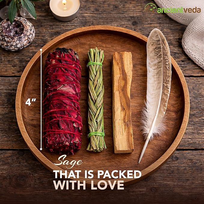 Ancient VEDA Organic Smudge Kit – Dragon's Blood, Palo Santo, Sweetgrass Braid, Feather & Smudge Guide | Home Cleansing Kit for Meditation, Yoga, Energy Healing (Starter Kit, Dragon's Blood Sage) AncientVeda