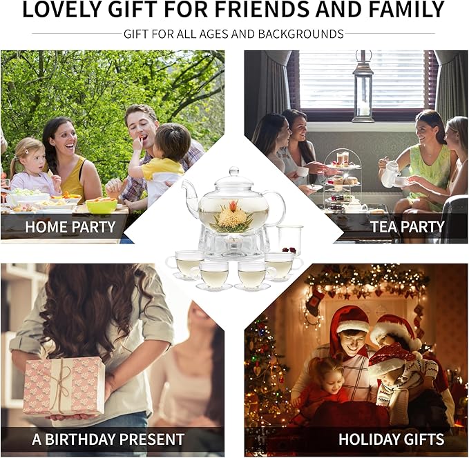 Glass Teapot Set, 34OZ/1000ML Glass Tea Kettle with Loose Tea Infuser & Warmer, 5oz/150ML Tea Cup & Saucer Set of 4, Stovetop & Microwave Safe Tea Maker, Blooming Tea Gift Set For Women - Bloomnest