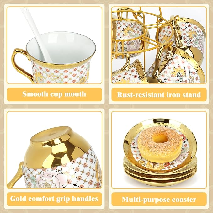 20 Pcs Porcelain Tea Set with Metal Holder, Adult Tea Sets Gift, European Ceramic Tea Set for Adults, Flower Tea Cup Saucer Set for Party With Gold Flower Painting (Classic Gold) - Bloomnest