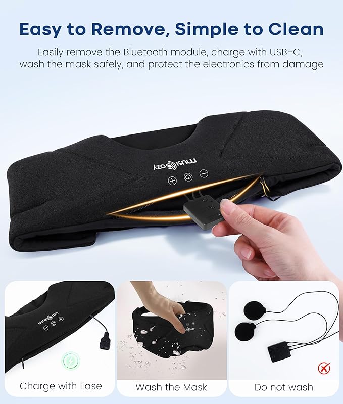 MUSICOZY Bluetooth Sleep Headphones 5.4, Wireless Over-Ear Headphones with Built-in HD Stereo Speakers, Cooling Eye Mask Design, 14H Playtime, Washable, for Side Sleepers, Travel & Relaxation - Bloomnest