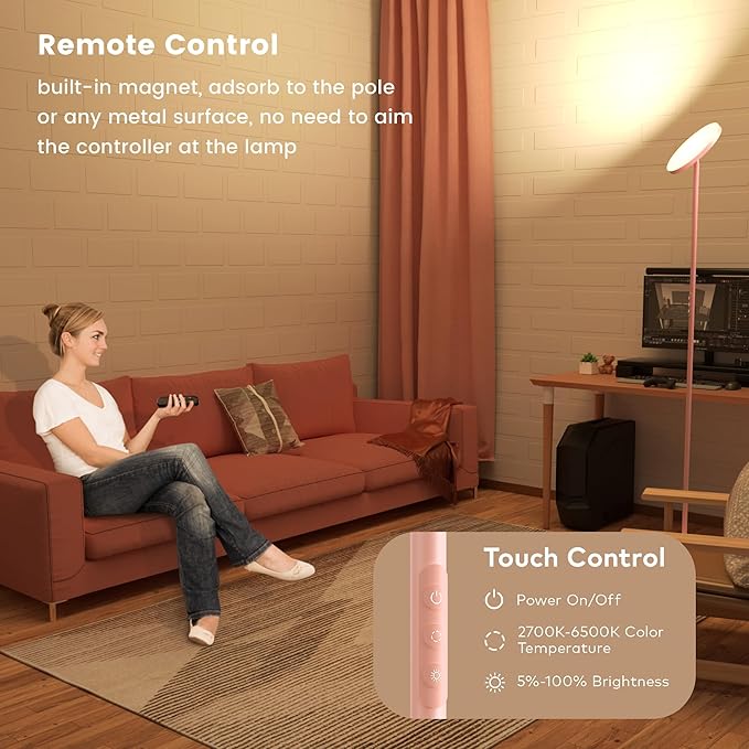 Pink Dimmable Floor Lamp, Bright 36W 3500LM Standing Lamp with Remote Touch Control, 2700K Soft White to 6500K Cool White Adjustable, LED Torchiere Tall Light for Living Room,Bedroom,Office,Sofa - Bloomnest