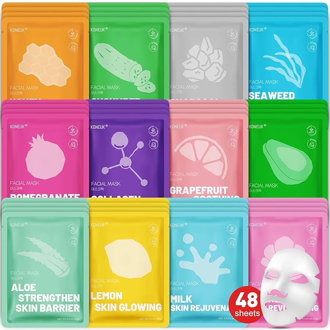 48 Pack Collagen Hydrating Face Masks Skincare for Women, Moisturizing & Soothing Face Mask for All Skin Types, Facial Masks Set Spa Gifts for Women, Bulk Sheet Face Mask for Skin Care