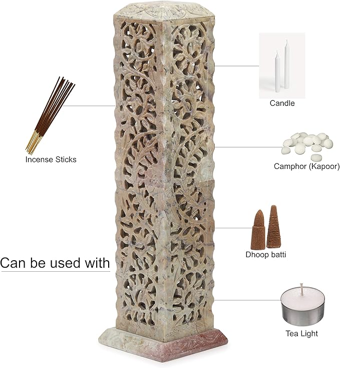 Carry Me Handmade Marble Soapstone Incense Stick Burner | Candle Stick Holder | Tea Light Burner - Perfect Floral Carving for Gifting. Decorative Home and Kitchen Decor (3 x 3 x 11 Inches) - Bloomnest