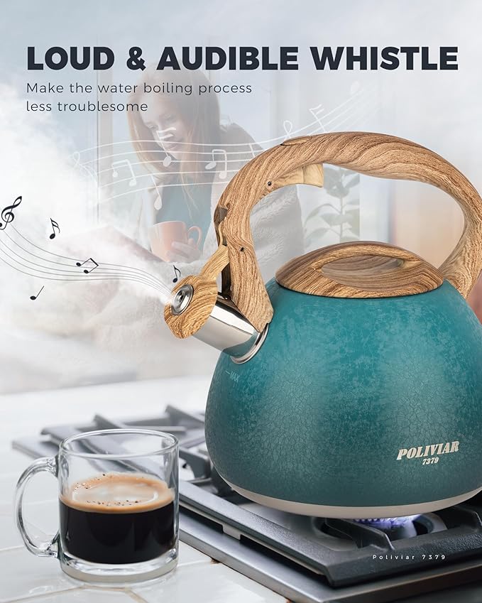 POLIVIAR Tea Kettle, 2.7 Quart Stovetop Tea Kettle, Audible Whistling Teapot with Crackle Finish, Food Grade Stainless Steel for Anti-Rust, Anti Hot Handle, Suitable for All Heat Sources (JX2023-LYD) - Bloomnest