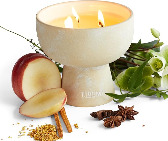 BLUEME Calm - Osmanthus & Sandalwood, Luxury Candle w/Essential Oils, 3 Wick, Hand-Poured Soy, Cotton Wick, Ceramic - Bloomnest
