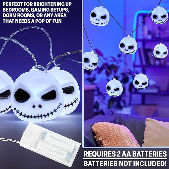 Disney The Nightmare Before Christmas LED String Lights for Kids, Teens, Adults, 10 Jack Skellington 65” Fairy Lights, Gifts for Kids (White Nightmare Before Christmas) - Bloomnest