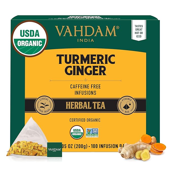 VAHDAM, Organic Turmeric Ginger Herbal Tea Bags (100 Pyramid Tea Bags) Caffeine Free, Non GMO | 100% Pure Herbal Blend - Savory & Spicy, Plant-Based Teabags | Resealable Ziplock Pouch - Bloomnest