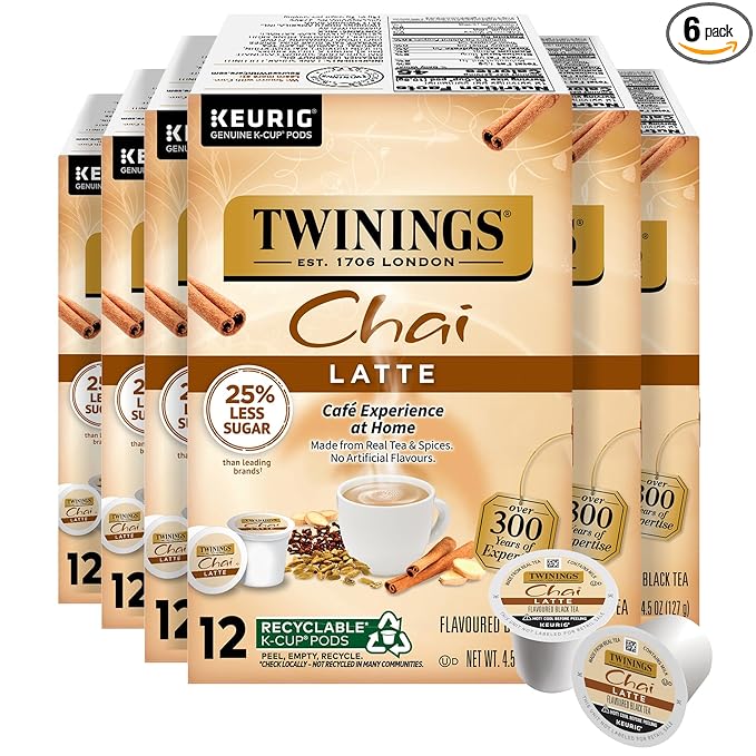 Twinings Chai Latte Black Tea 72 K-Cup Pods for Keurig, 12 Count (Pack of 6), Creamy, Slightly Sweet, Less Sugar, Caffeinated, Enjoy Hot or Iced - Bloomnest