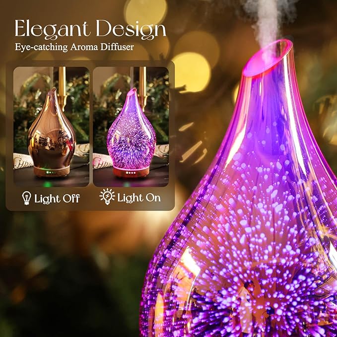 Porseme Essential Oil Diffuser 3D Firework Glass Aromatherapy Ultrasonic Humidifier Rose Gold, Auto Shut-Off, Timer Setting, BPA Free, Aroma Decoration for Home, Office, Gym, Spa, Premium Gift 150ml - Bloomnest