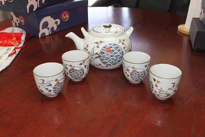 White Crane Heron Japanese Teapot set with 4 Tea Cups ~ Japanese Antique Design and Filter Gift/Birthday gift/Kitchen/Teapot/idea for gift ~ We Pay Your Sales Tax - Bloomnest