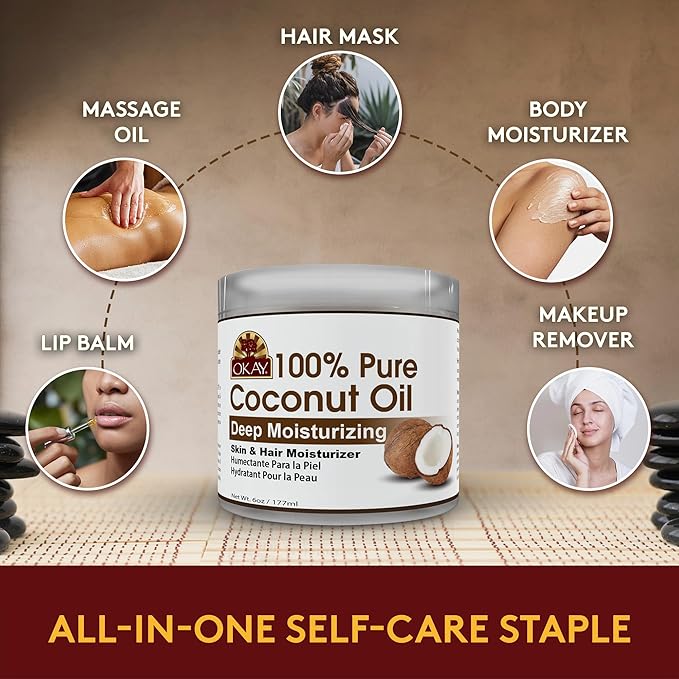 Okay 100% Pure Coconut Oil for Hair & Skin - Coconut Oil for Women & Men, Perfect for Hair & body, Natural Massage Oil & Moisturizer - 6 fl oz Jar (Pack of 1) - Bloomnest