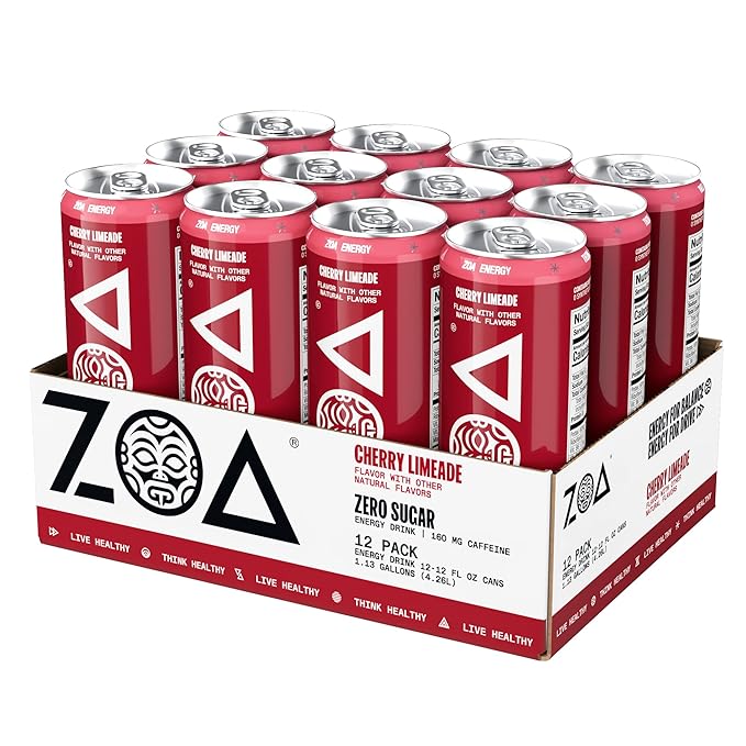 ZOA Zero Sugar Energy Drinks, Cherry Limeade - Sugar Free with Electrolytes, Healthy Vitamin C, Amino Acids, Essential B-Vitamins, and Caffeine from Green Tea - 12 Fl Oz (12-Pack) - Bloomnest