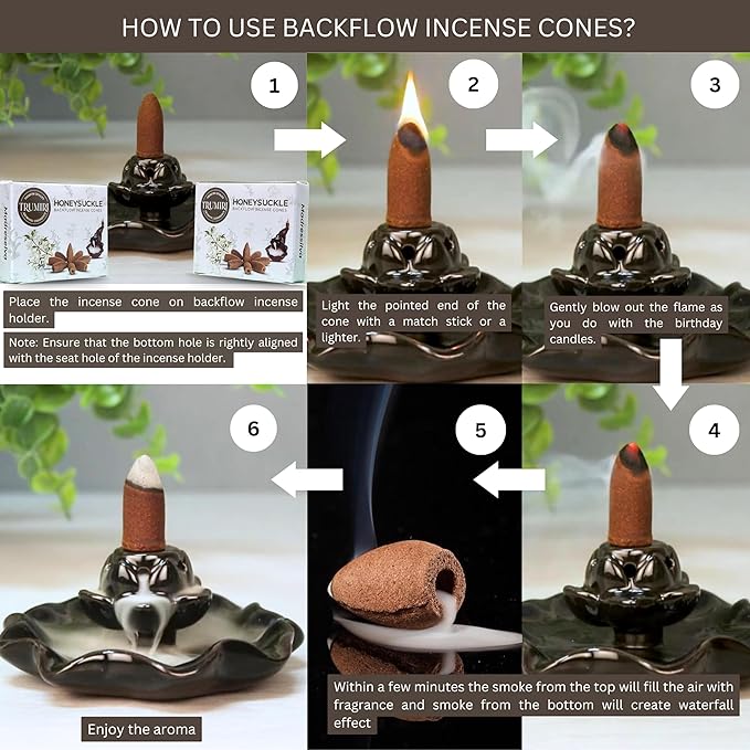 Honeysuckle Backflow Incense Cones - Total 20 Incense Cones Waterfall - Dual Pack of 10 Incense Backflow Cones - Waterfall Incense Cones - Incense Waterfall Cones TRUMIRI