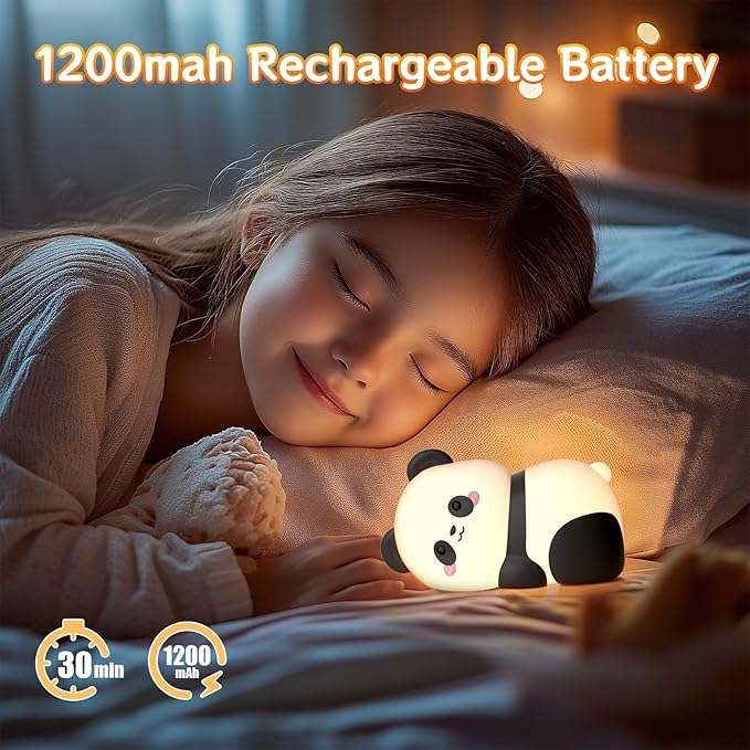 Lying Panda Night Light, Cute Baby Light 3 Level Dimmable, Nursery Nightlight for Snoothing, Sleeping Companion, Auto-Off 30Min Timer, Rechargeable Battry Cordless, - Bloomnest