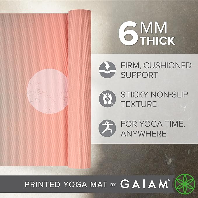 Gaiam Yoga Mat - Premium 6mm Print Extra Thick Non Slip Exercise & Fitness Mat for All Types of Yoga, Pilates & Floor Workouts (68"L x 24"W x 6mm Thick) - Bloomnest