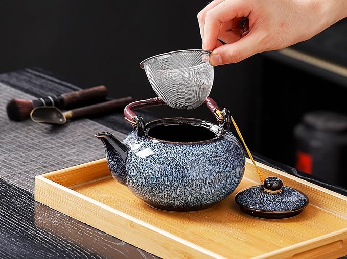 Traditional Japanese tea set, Kiln altered glaze Porcelain tea set with 1 teapot (23.5oz/700ml), 6 teacups (4oz/120ml), 1 Tea Tray,Japanese teapot set, Asian tea sets (Kiln altered Blue) - Bloomnest