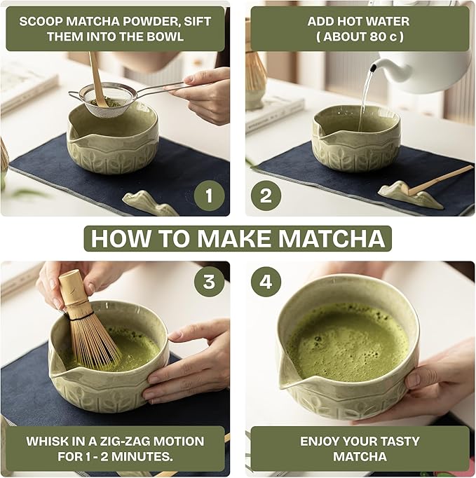 Matcha Whisk Set, 7 PCS Matcha Kit with Matcha Bowl with Spout, Bamboo Matcha Whisk and Scoop, Matcha Accessories & Sifter – Complete Matcha Set for Tea Lovers, Matcha Gift Set (Green) - Bloomnest