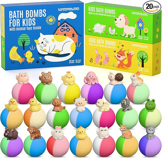 Bath Bombs for Kids with Toys Inside, 20 Kids Bath Bombs with Animal Toys Inside, Skin-Friendly, Non Toxic, Handmade Organic Natural Bubble Bath Fizzies, Birthday Gifts for Girls Boys - Bloomnest
