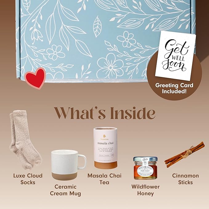 Unboxme Get Well Soon Comforting Gift Basket for Women - Soothing Self Care Box with Fluffy Socks, Ceramic Mug, Chai Tea, Honey & Cinnamon for Mom, Sister, Friends and Coworkers - Bloomnest