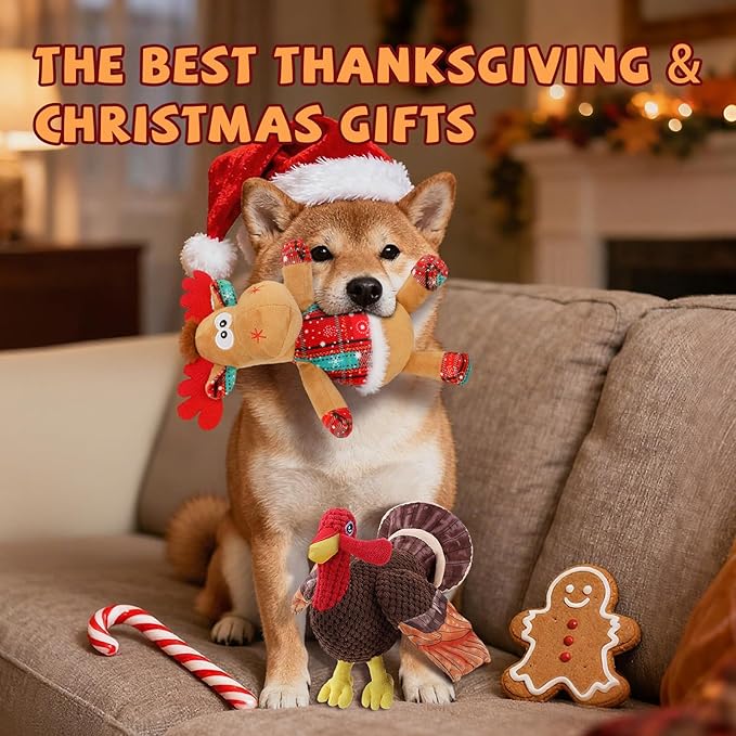 BWOGUE Thanksgiving Turkey Dog Toys Set, Stuffed Squeaky Turkey Dog Toy with Crinkle Paper, Christmas Plush Reindeer Squeaky Toy, Interactive Stuffed Chew Toys for Small Medium Large Dogs - Bloomnest