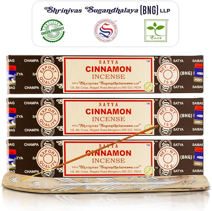 Satya Cinnamon Incense Sticks, Satya Bng (Bangalore) Insenses 15gmx3 Pack with Raajsee Incense Holder Bundle, Satya Nagchampa Natural Incense - Bloomnest