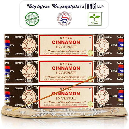 Satya Cinnamon Incense Sticks, Satya Bng (Bangalore) Insenses 15gmx3 Pack with Raajsee Incense Holder Bundle, Satya Nagchampa Natural Incense - Bloomnest