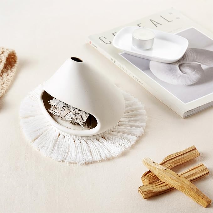 Ceramic Palo Santo Holder Burner,Incense Cone Holder,Mini Chiminea for Palo Santo Sticks and Sage Burner,with Handmade Heat Insulated Mat,Dust Brush,Metal Tweezer. (White) - Bloomnest