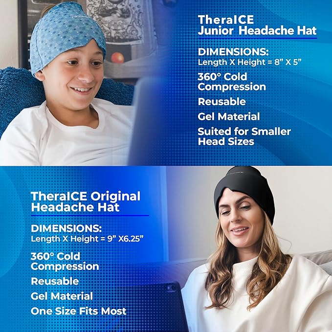 TheraICE Migraine Relief Cap Junior, Soothing Headache Boo Boo Ice Pack Mask Products, Cooling Gel Hat JR, Face Cold Compress Head Wrap for Bumps, Bruises and Cooling temperatures - Bloomnest
