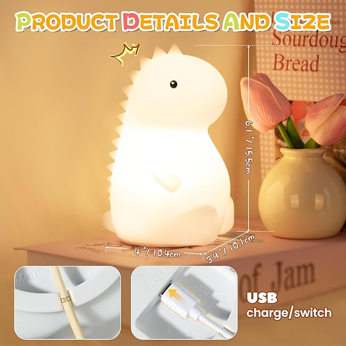 Night Light for Kids, Rechargeable Dimmable Silicone LED Nightlight with 7 Colors, Baby Nursery Night Lamp, Touch Squishy Lamp, Cute Gifts for Girls, Boys, Toddler Room Decor, Dinosaur - Bloomnest