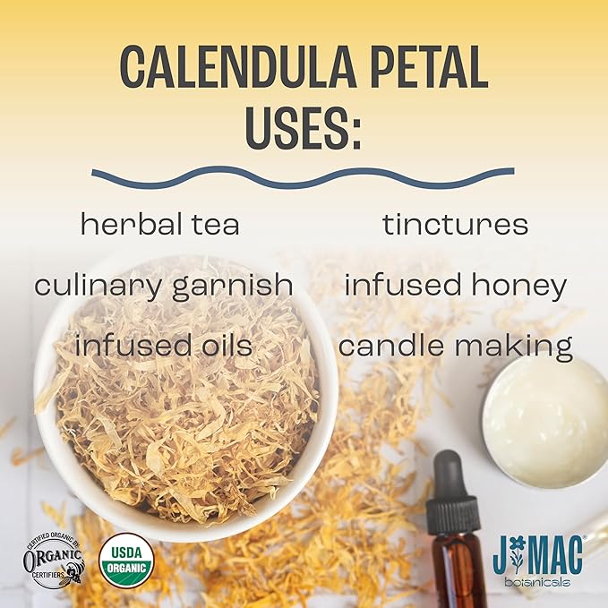 J Mac Botanicals, Organic Calendula Petals (12 oz) edible dried flowers, pairs well with rose petal for ice cubes, cooking, beverages, and bath bombs - Bloomnest