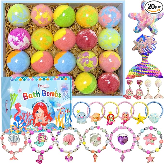 Bath Bombs for Girls Kids with Surprise Inside, 20 Pcs Fun Princess Fizzy Bath Bomb with Jewelry Toys, Mermaid Gifts for Daughter Granddaughter Niece, Girls Gift Set for Birthday Christmas - Bloomnest