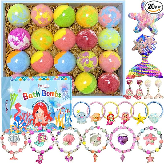 Bath Bombs for Girls Kids with Surprise Inside, 20 Pcs Fun Princess Fizzy Bath Bomb with Jewelry Toys, Mermaid Gifts for Daughter Granddaughter Niece, Girls Gift Set for Birthday Christmas - Bloomnest
