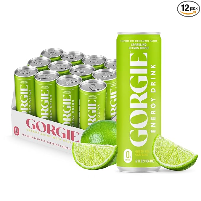 GORGIE Sugar Free Natural Energy Drinks, Sparkling Citrus Burst (12 Pack) - Healthy Energy Drinks - Natural Coffee Replacement with Green Tea Caffeine and Biotin - 150mg Caffeine, Vegan, & Low Calorie - Bloomnest