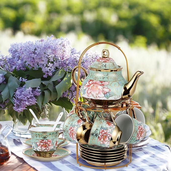 Zhehao 20 Pcs Porcelain Tea Set with Metal Holder and Spoon Adult Ceramic Tea Set European Flower Painting Teapot Cup Saucer Spoon for Women, Large Version(Fresh Style) - Bloomnest