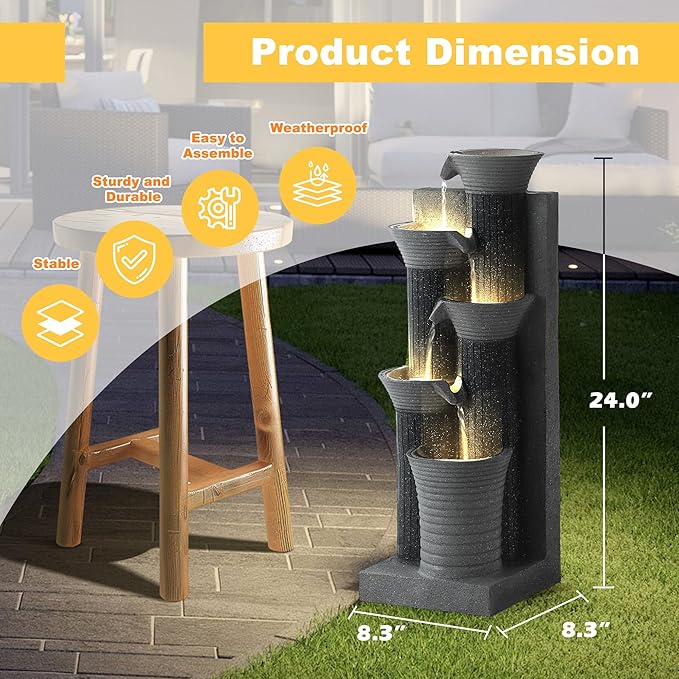MAGIC UNION Outdoor Water Fountain, 5 Tiers Cascading Waterfall Indoor Water Feature Garden Decor with LED Lights, Patio Resin Fountains for Yard, Deck, Porch and Home, Bamboo Element (Gray) - Bloomnest