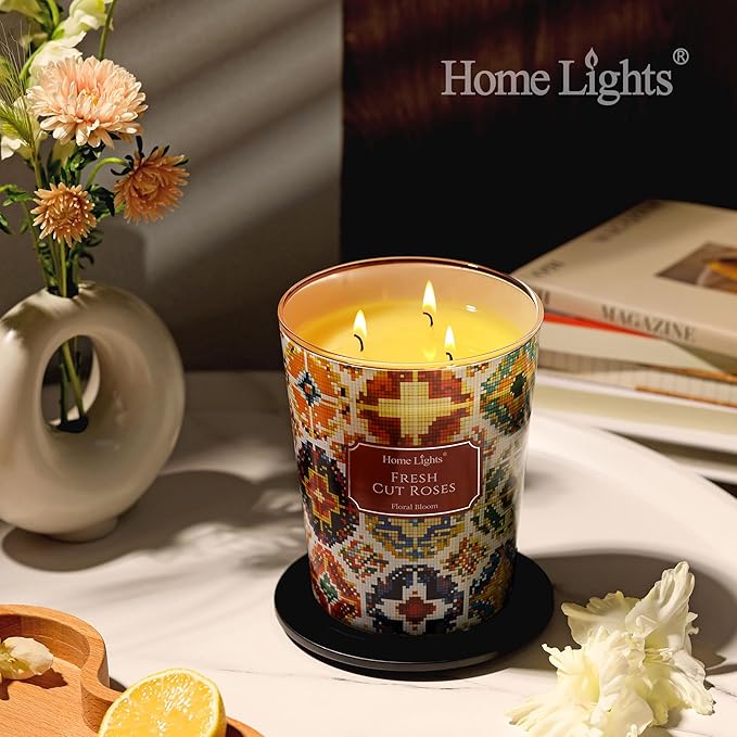 HomeLights 3-Wick Candles for Home Scented - 34oz Soy Wax Blend Candle Long-Lasting Fragrance, Bohemian Natural Textures Home Decor and Housewarming Gifts, Fresh Cut Roses - Bloomnest