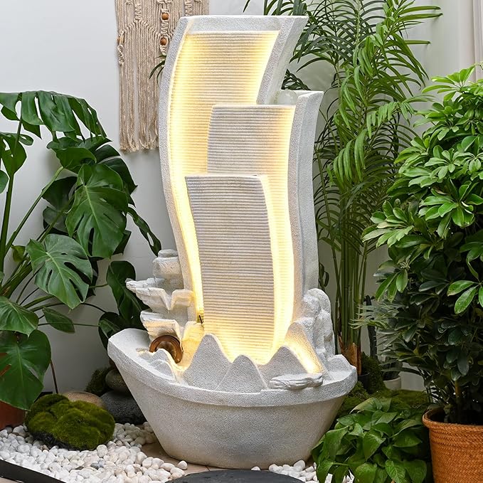 50.39 Inches Outdoor Water Fountain Garden Waterfall Indoor Modern Water Feature Freestanding Fountains with LED Lights and Pump for Patio Yard Pool Home Decor