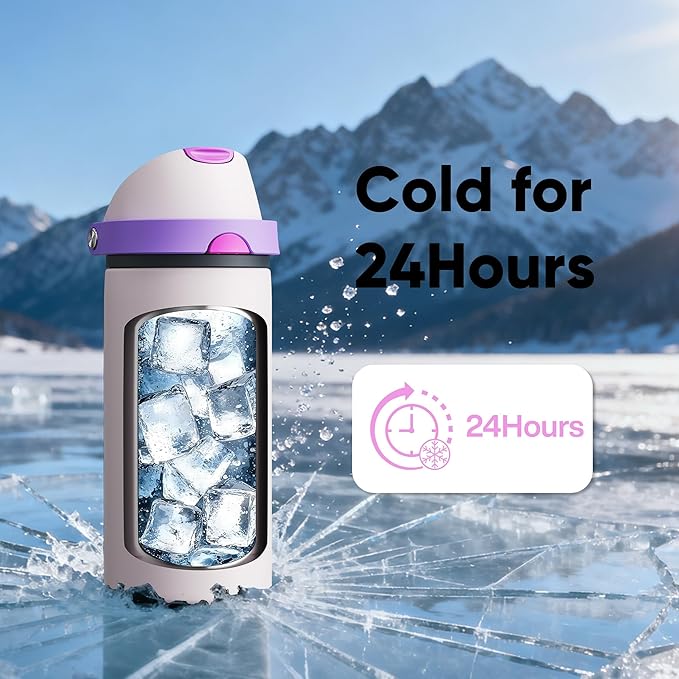 Insulated Water Bottle with Straw - Encool Stainless Steel Water Bottle with Push Button Lid, Leak-Proof & BPA-Free, Keeps Cold for 24 Hours for Sports, Travel, Gym (18 oz, Oyster Pink) ENCOOL