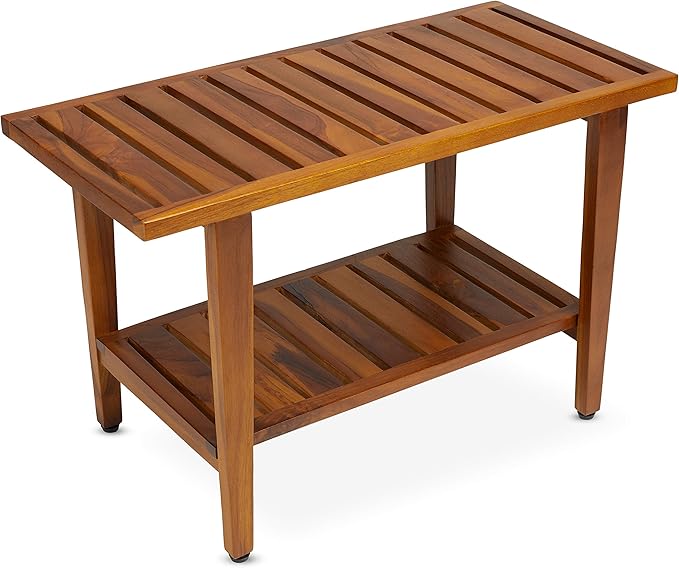 TeakCraft Teak Shower Bench with Shelf 30 inch Wood Spa & Shower Stool - Fully Assembled, The Liv - Bloomnest